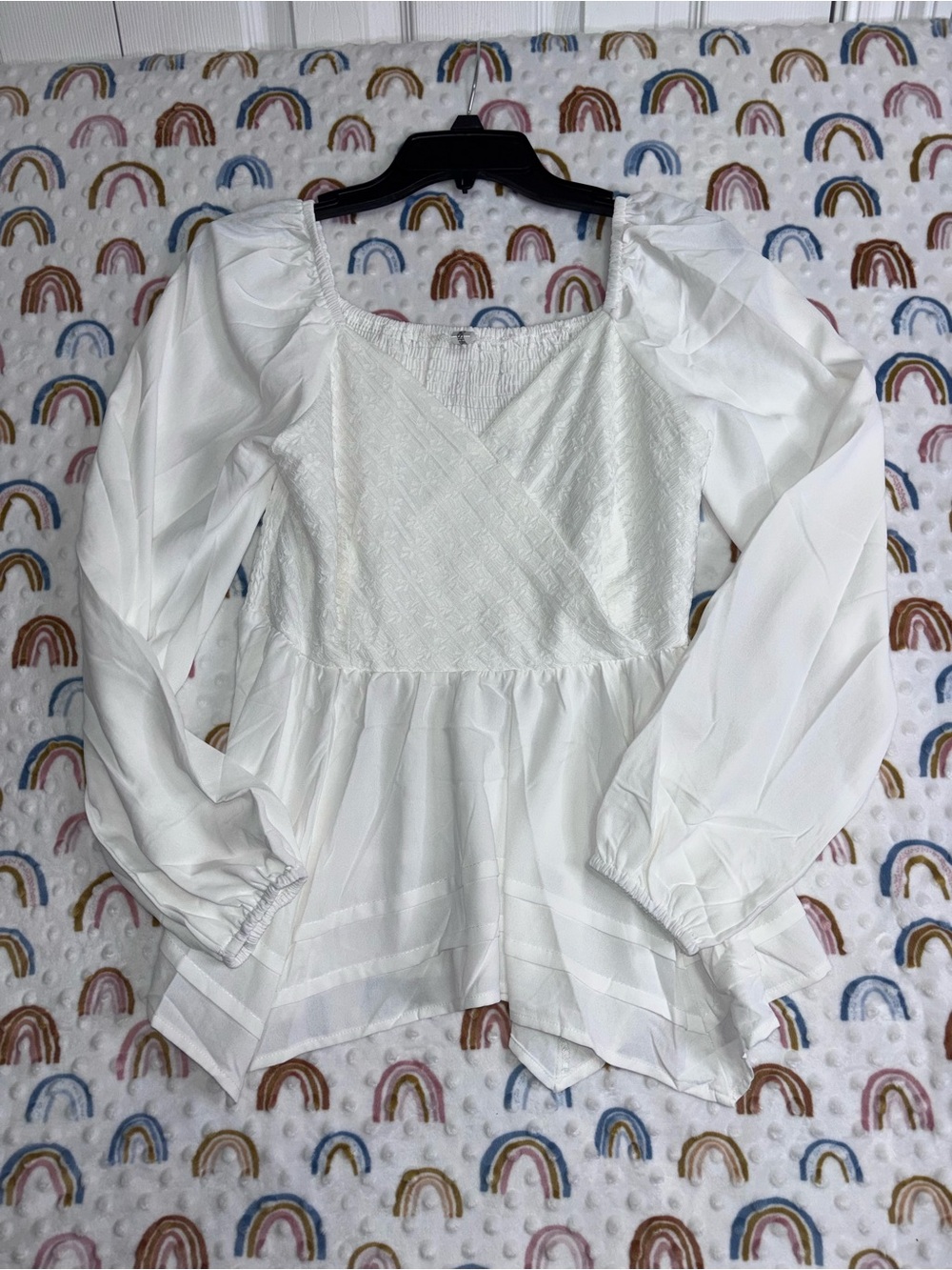 Again Women’s White Peasant Blouse with Puff Sleeves Size Small